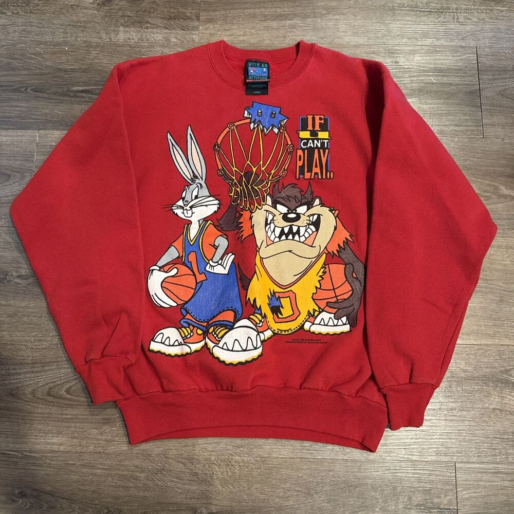 Vintage 90s Looney Tunes Bugs Bunny Taz Foghorn Leghorn Red Sweatshirt Size L